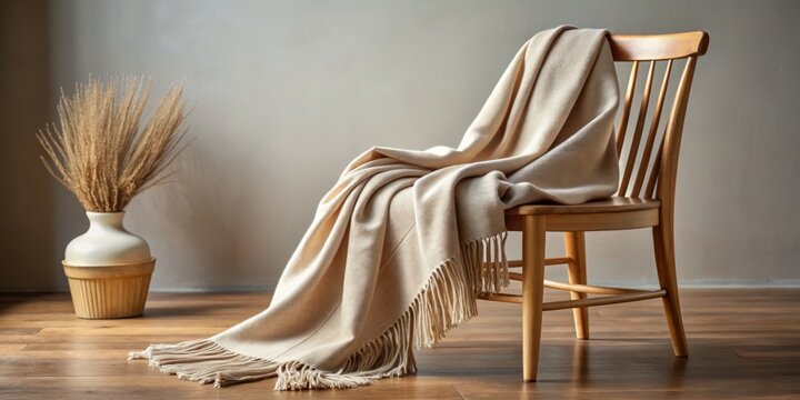 A delicate, luxurious pashmina wool shawl drapes elegantly over a wooden chair, blending seamlessly into the cozy