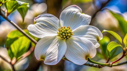 Fototapeta premium A delicate white flower with four petals unfurls on a sturdy brown tree branch, its intricate details accentuated