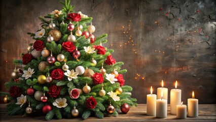Christmas tree adorned with candles and flowers , Christmas, tree, candles, flowers, decoration, holiday, festive