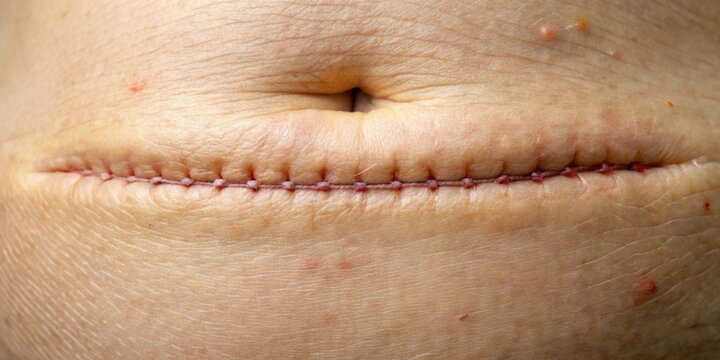 Close-up of scar from caesarean section surgery, scar, surgery, caesarean, section, childbirth, abdomen, medical