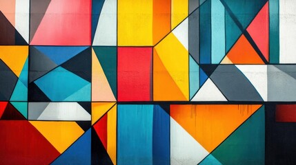 A vibrant, abstract painting adorning a wall with geometric shapes in bold colors.