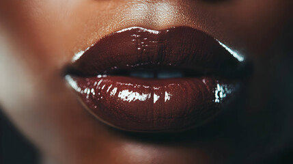 Close-up of full, glossy African lips, rich brown tone with vibrant lipstick, reflecting a soft light, set against a blurred background