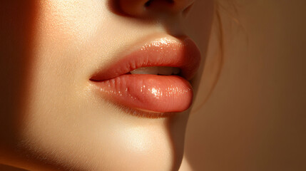 Naklejka premium Side profile of plump, naturally pink European lips, gentle smile, soft shadows enhancing the curve, background fading into warm light