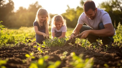 A family working together in a green field, sowing seeds with hope and laughter.