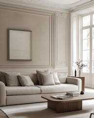 Fototapeta premium Minimalist Living Room with Wall Molding, Sleek Sofa, and Neutral Decor for a Modern and Sophisticated Design
