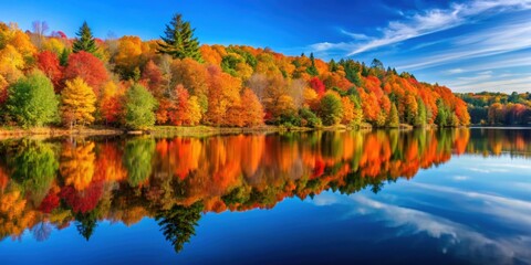 Naklejka premium Autumn landscape with a peaceful lake reflecting colorful foliage, autumn, landscape, lake, water, reflection, colorful