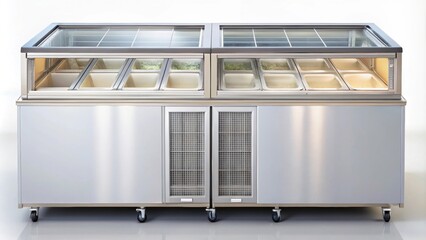 Double glass door chest freezer for storing a variety of frozen foods such as ice creams, meat, vegetables