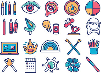 Art, creativity and graphic design related editable stroke outline icons set isolated on white background flat vector illustration