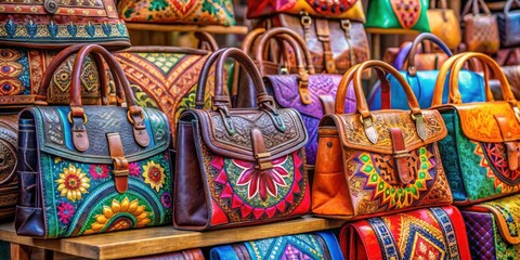 Fototapeta premium Vibrant and stylish leather bags in assorted colors and intricate designs, Indian, market, colorful, beautiful, leather