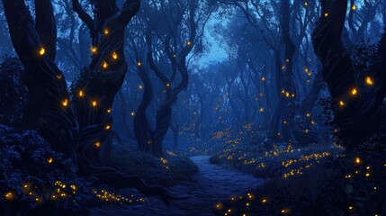 Enchanted Twilight Forest Path Illuminated by Glowing Fireflies