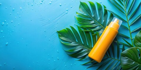 Sunscreen stick on blue wet background with tropical leaves shadows, summer vacation cosmetics concept, top view, Sunscreen