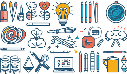 Art, creativity and graphic design related editable stroke outline icons set isolated on white background flat vector illustration