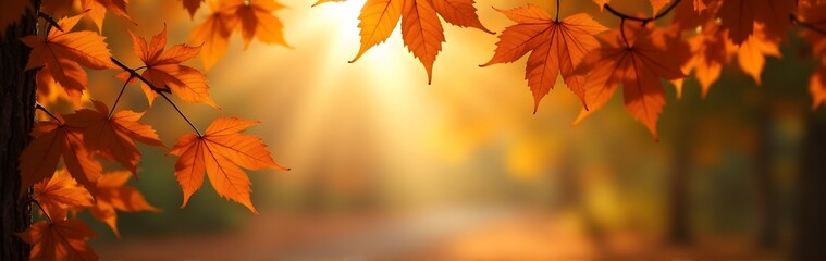 Fototapeta premium Bright autumn leaves hanging from a tree branch, with a sunlit path in the background