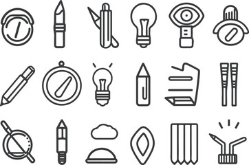 Art, creativity and graphic design related editable stroke outline icons set isolated on white background flat vector illustration