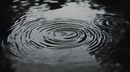 Raindrops in a puddle creating overlapping ripples under subtle light, capturing a calm and introspective moment