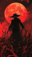 Spooky Scarecrow Silhouette Under Dramatic Red Sky and Full Moon