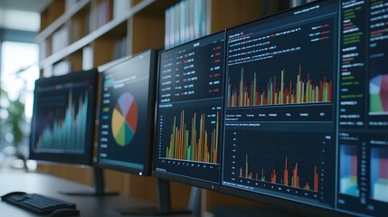 Fototapeta premium Multiple Computer Monitors Displaying Dynamic Data Visualizations and Graphs in a Modern Office Setting. Perfect for Representing High-Tech Financial Systems