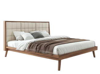 Modern solid wood double bed with leather headboard, white and brown color scheme, isolated PNG white background