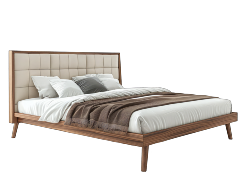 Modern solid wood double bed with leather headboard, white and brown color scheme, isolated PNG white background