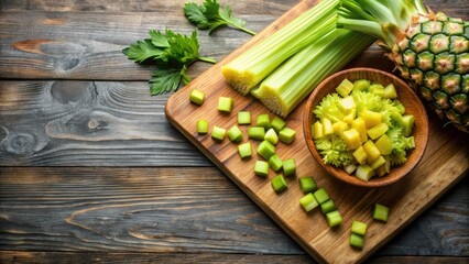 Chopped celery and pineapple on cutting board, wooden table, healthy, fresh, food, ingredient, chop, preparation, kitchen