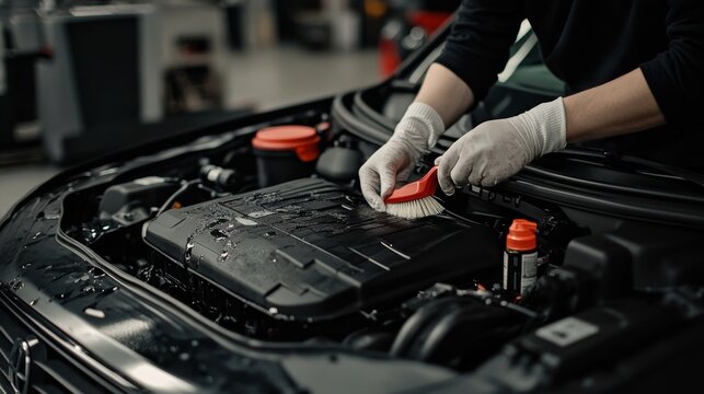 A person wearing gloves is cleaning a car engine compartment using a brush, ensuring it is free from dirt and grime.