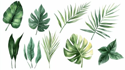 Watercolor Illustration of a Collection of Tropical Leaves
