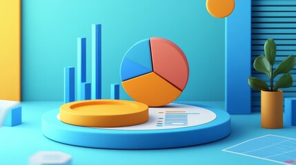 Colorful  D Pie Chart and Bar Graph on Blue Background