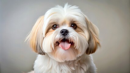A playful Fluffy white Shih Tzu greets the camera with a cheerful grin, its tongue lolling out as