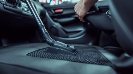 A person is vacuuming the floor and seats inside a car, focusing on the thorough cleaning of the vehicle's interior.