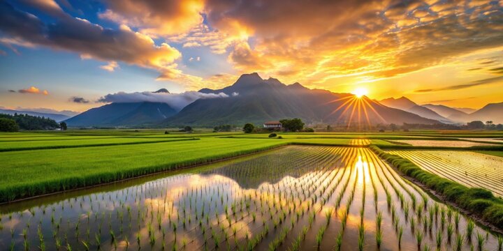 Sunrise over stunning paddy field at Brown Avenue in Chishang, Taitung, Taiwan, paddy field, landscape, sunrise, nature