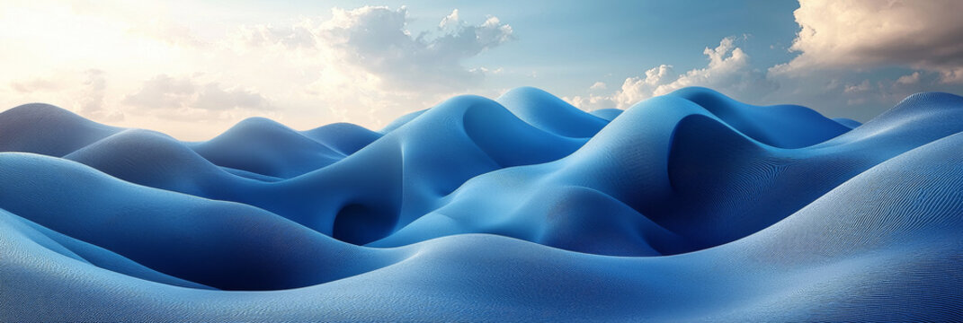 Abstract blue landscape with rolling hills and a cloudy sky.