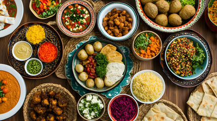 An assortment of traditional dishes from various cultures beautifully arranged on a table highlighting unique flavors and vibrant presentations