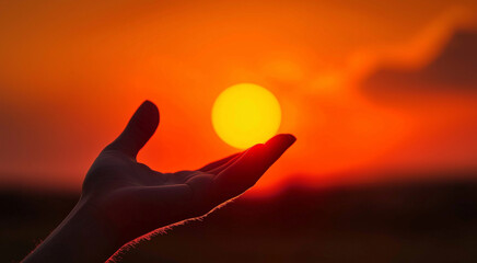 a hand try to hold the sun at sunset