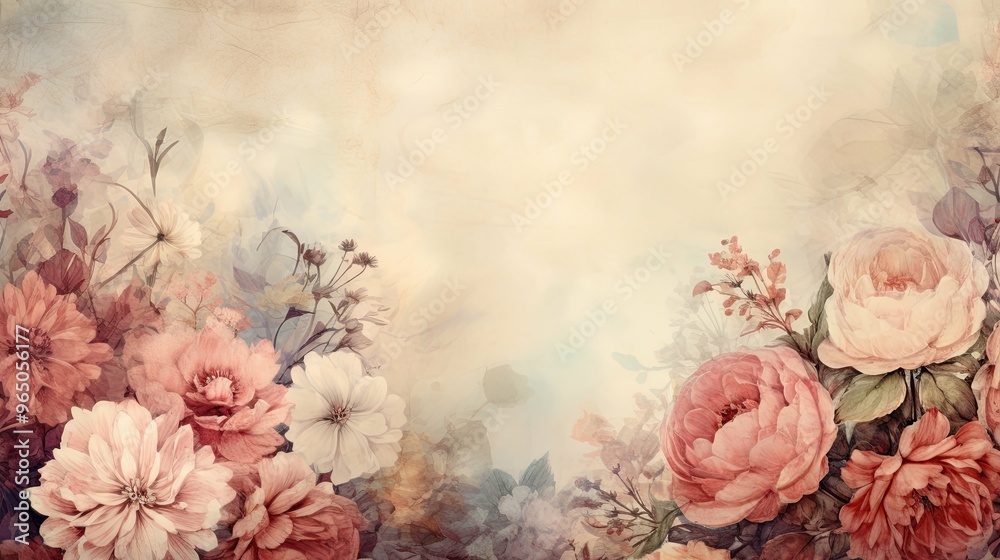 Poster Watercolor Floral Arrangement with Pink and White Flowers on a Light Beige Background