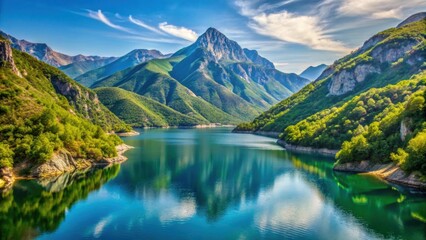 Obraz premium Mountainous landscape with Lake Koman in Albania , Albania, Lake Koman, mountain, water, sunset, reflection, tranquil, travel
