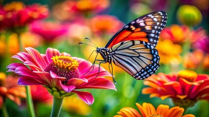 Fototapeta premium A radiant flower bursts into bloom, its delicate petals adorned with a radiant butterfly, its iridescent wings