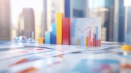 Business Charts   Graphs on Desk with City Skyline Background
