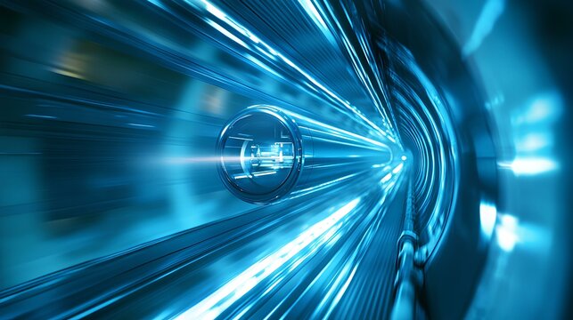 A futuristic hyperloop tunnel with a high-speed pod moving through it