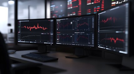 Multiple Computer Monitors Displaying Dynamic Data Visualizations and Graphs in a Modern Office Setting. Perfect for Representing High-Tech Financial Systems