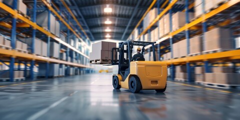 Forklift doing storage in warehouse by artificial intelligence automation. Robotics applied to industrial logistics.