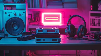 retro desk setup with a glowing neon sign, a stack of old cassette tapes, and a pair of headphones playing lo-fi music, the scene exuding a relaxing 80's vibe perfect for study or stress relief
