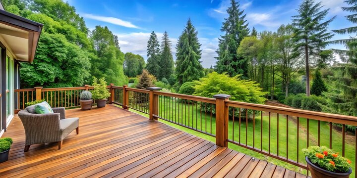 A rustic wooden deck overlooks a thriving backyard, its railing aged to perfection and framed by a tapestry
