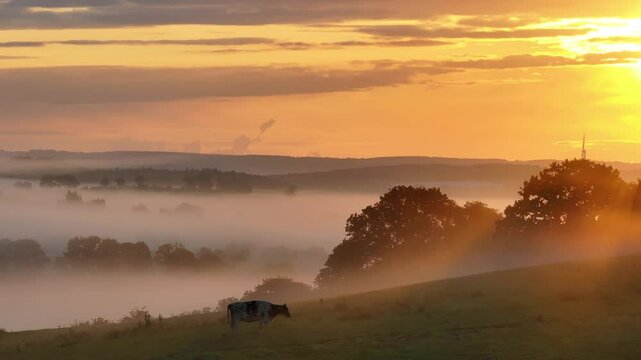 Aerial clip of a cow grazing in fields at sunrise on a misty morning, Devon, England, United Kingdom, Europe