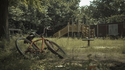 A broken bicycle lying in the grass of an abandoned playground, [neglect], [time passing]