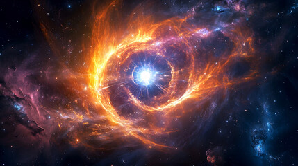 cosmic energy orb, emitting beams of radiant light, with swirling nebulas and cosmic dust orbiting around its glowing core