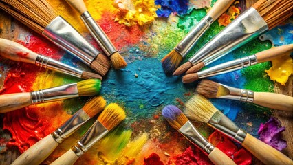 Fototapeta premium A selection of paint brushes, ranging from soft and delicate to stiff and bold, laid out across a