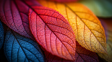 Close-up of vibrant autumn leaves in shades of red, orange, and blue.