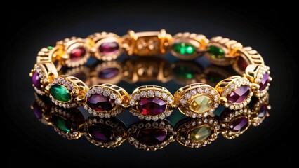 Golden bracelet adorned with precious stones on a sleek black background, jewelry, luxury, elegance, fashion