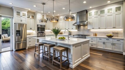 A sleek modern kitchen features crisp white cabinetry, high-shine stainless steel appliances, and a spacious island
