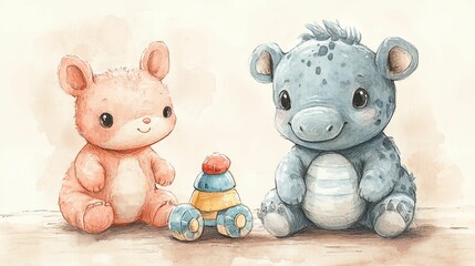 Watercolor Illustration of a Pink Bear and a Blue Dragon Playing with a Toy
